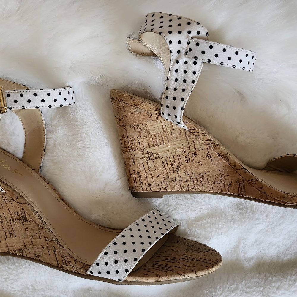 Lulu's Black and White Wedge Sandals with Cork Platform